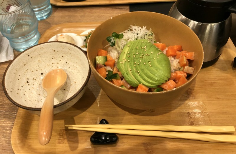 Ochazuke with salmon and avocado